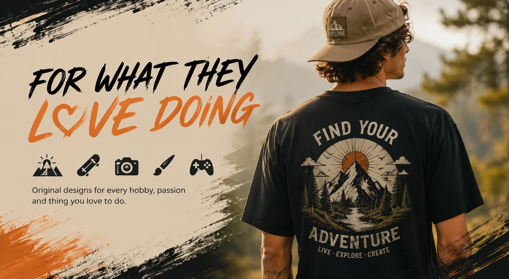 KAVOMAZ Apparel lifestyle poster showing a graphic adventure T-shirt and the message For What They Love Doing