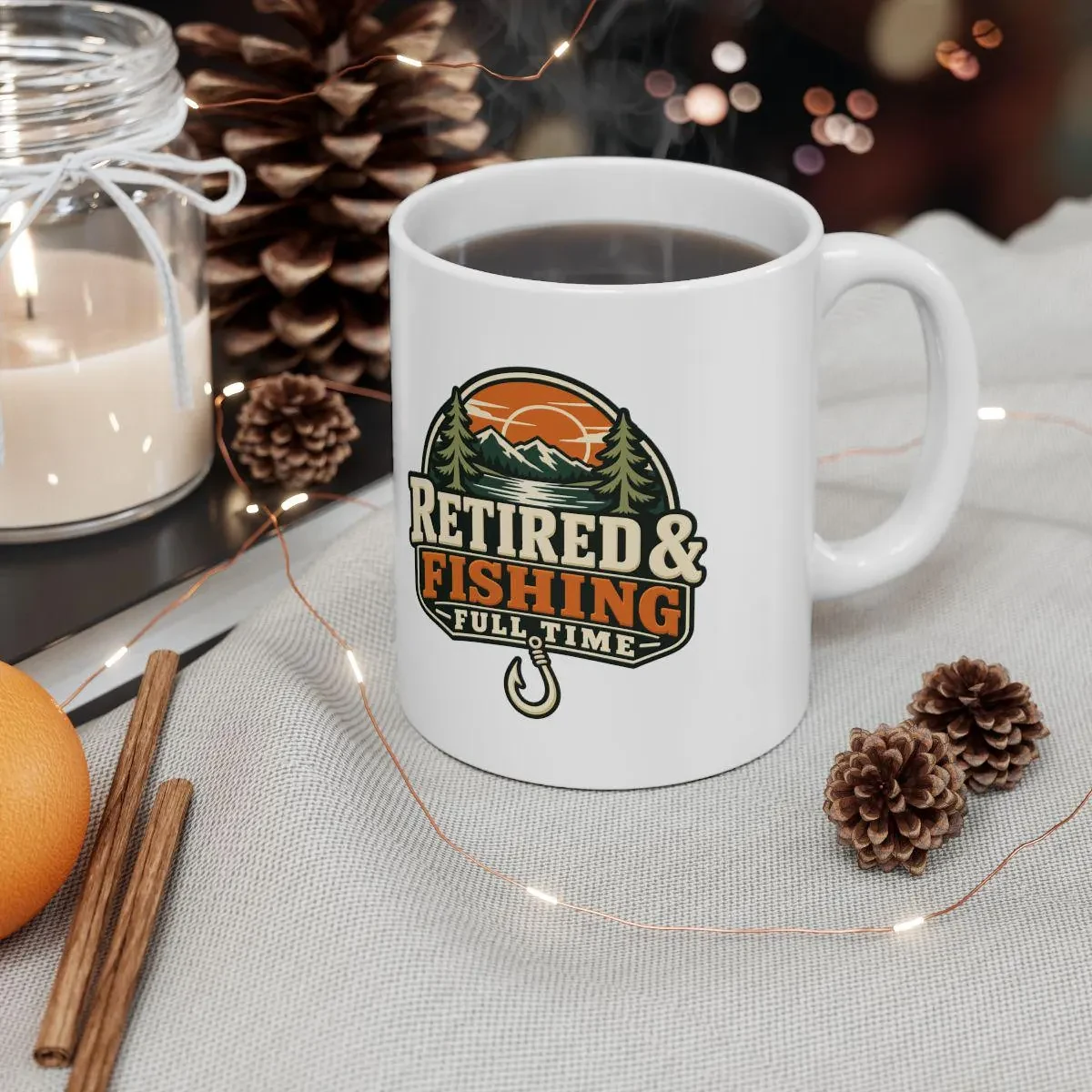 Retired and Fishing Full Time mug in a cozy seasonal setting