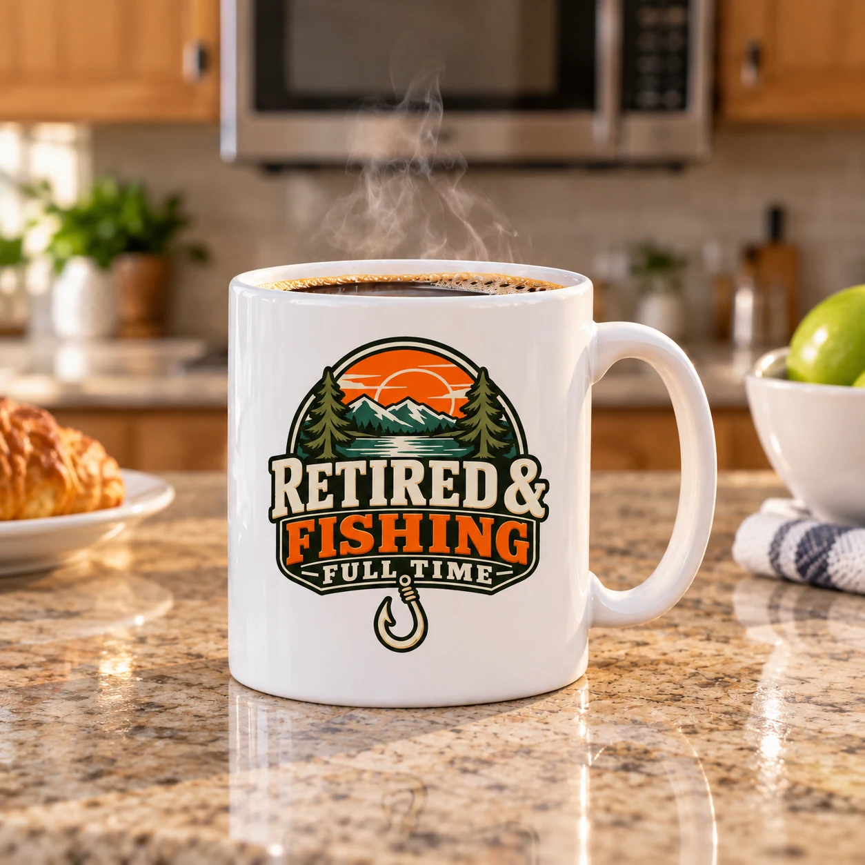 Retired and Fishing Full Time mug on a granite kitchen counter