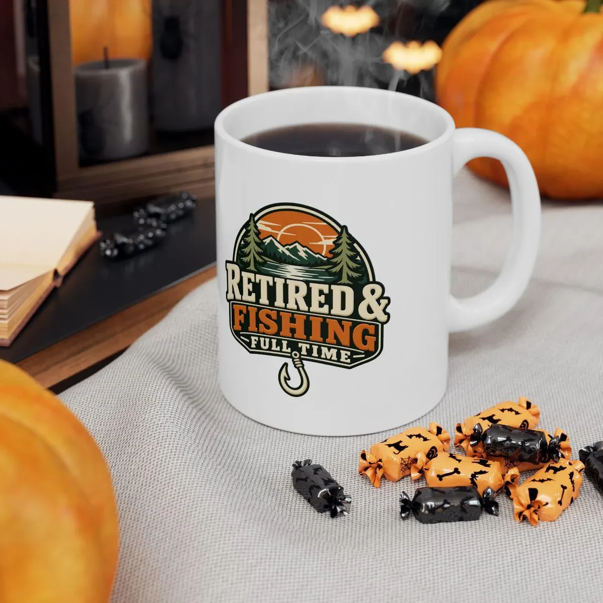 Retired and Fishing Full Time mug in a Halloween seasonal setting
