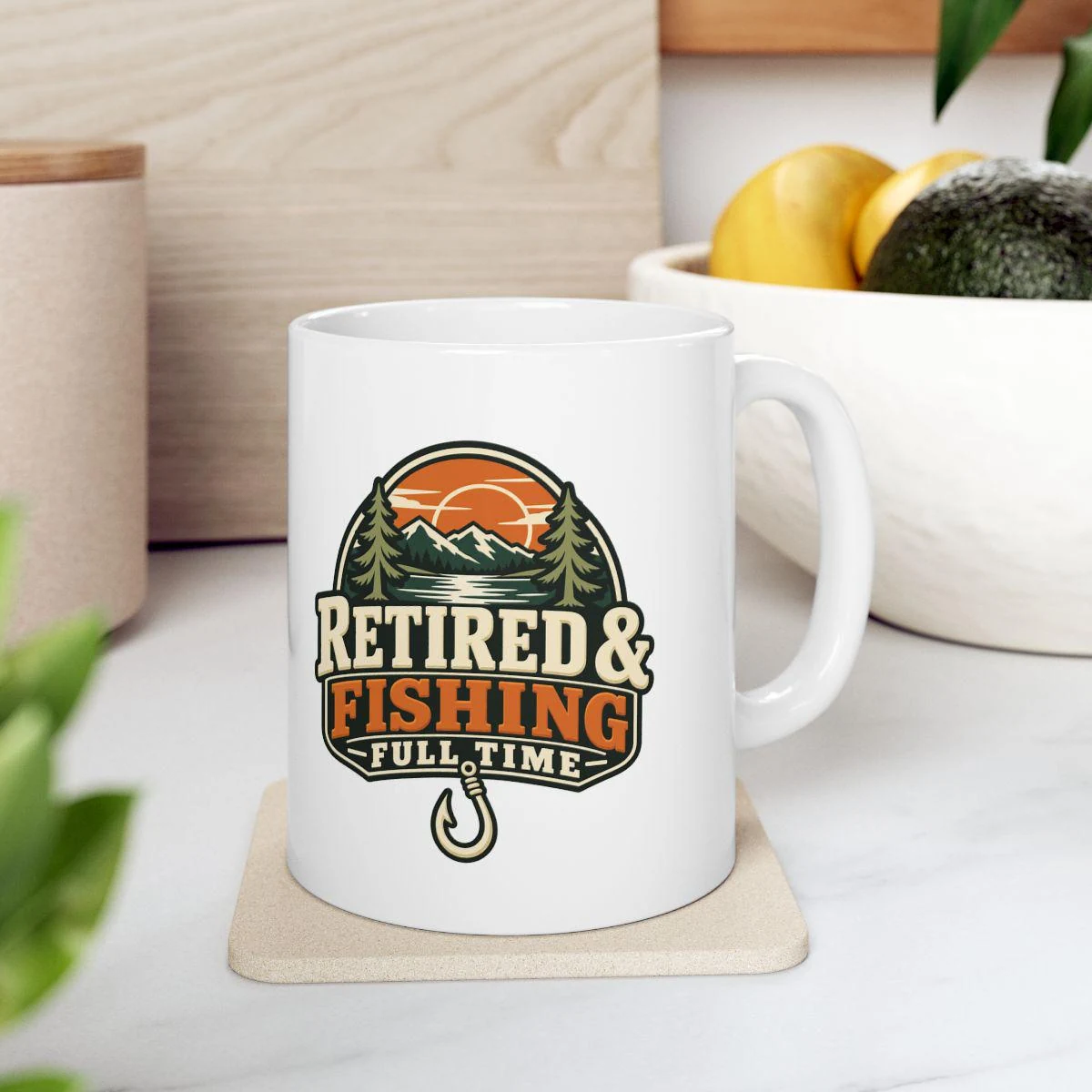 Retired and Fishing Full Time mug in a bright kitchen
