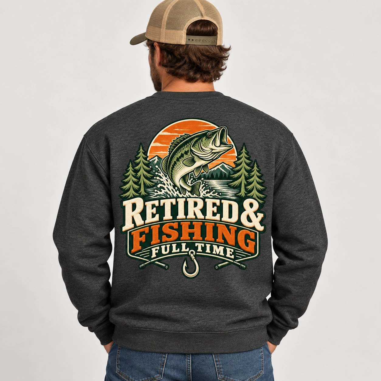 Retired and Fishing Full Time charcoal sweatshirt with large bass retirement graphic