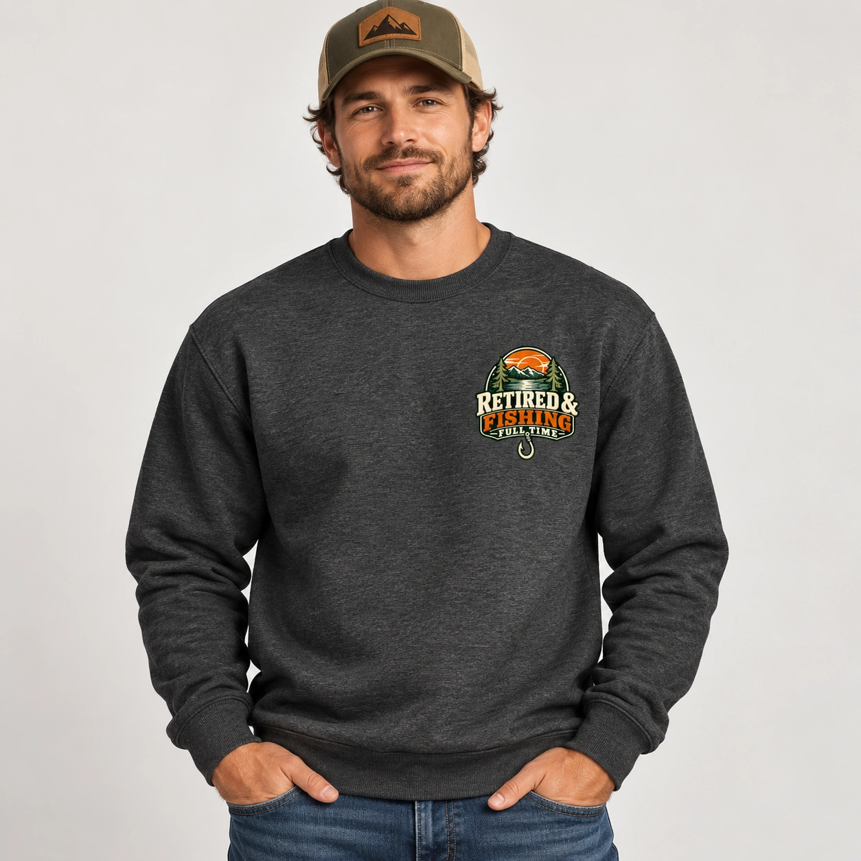 Retired and Fishing Full Time sweatshirt front chest graphic on a charcoal sweatshirt