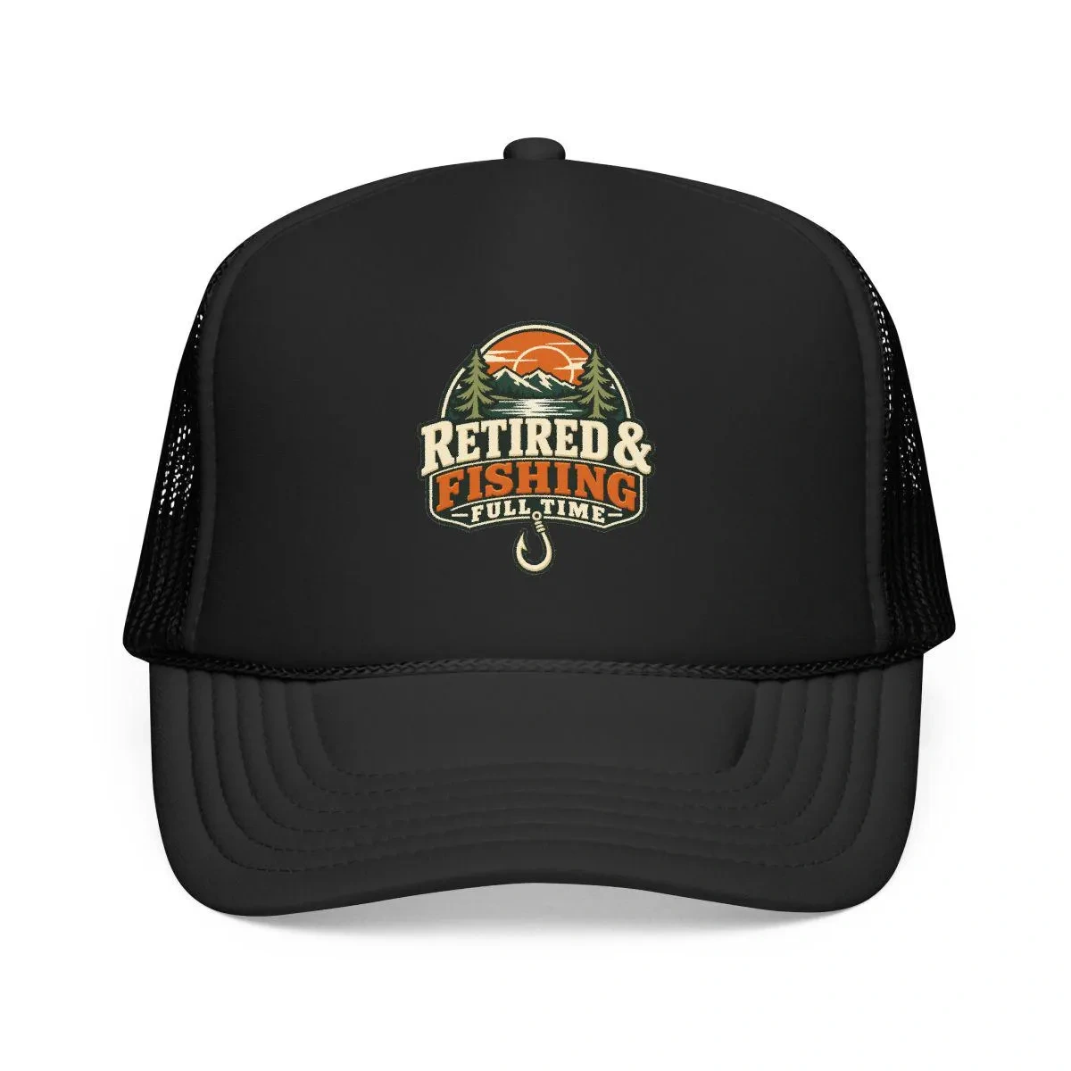 Black Retired and Fishing Full Time trucker hat front view