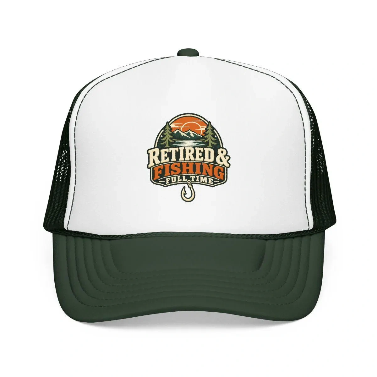 White and forest green Retired and Fishing Full Time trucker hat front view